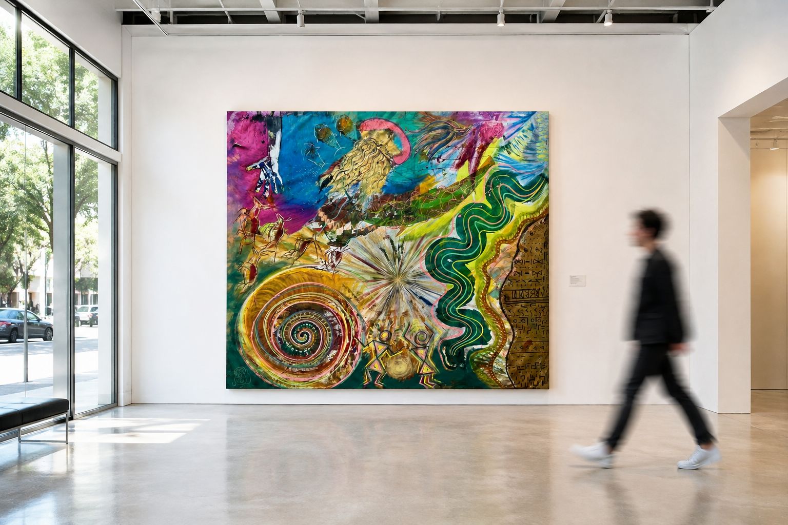 The finished Artjam painting installed in a gallery, in full colour